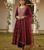 maroon color embroidered silk blend styles kurta palazzo with dupatta