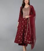 maroon color embroidered silk blend styles kurta palazzo with dupatta