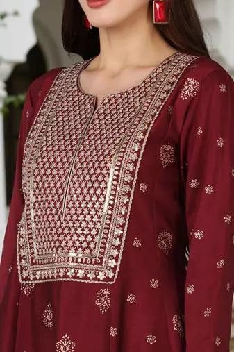 maroon color embroidered silk blend styles kurta palazzo with dupatta