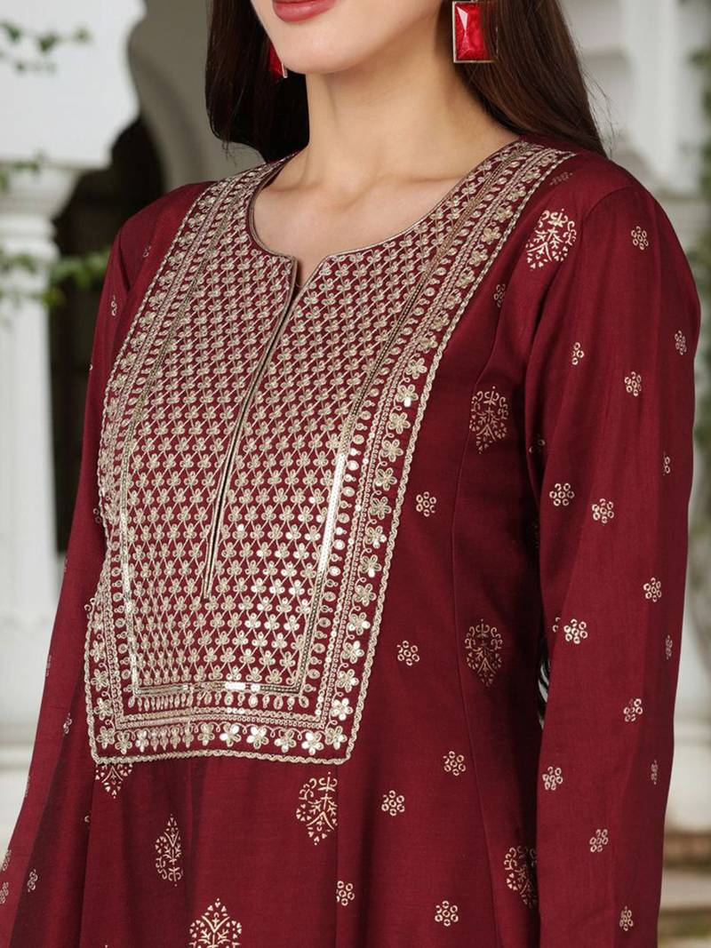 maroon color embroidered silk blend styles kurta palazzo with dupatta