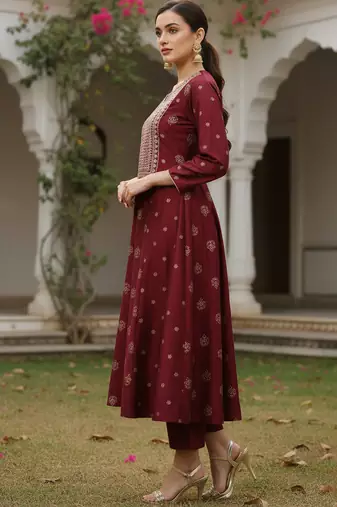 maroon color embroidered silk blend styles kurta palazzo with dupatta