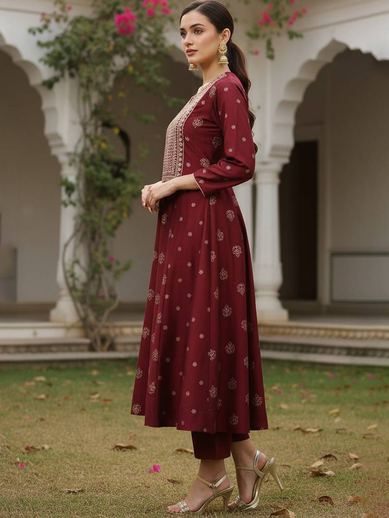 maroon color embroidered silk blend styles kurta palazzo with dupatta