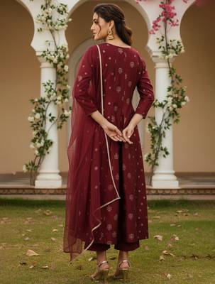 maroon color embroidered silk blend styles kurta palazzo with dupatta 4