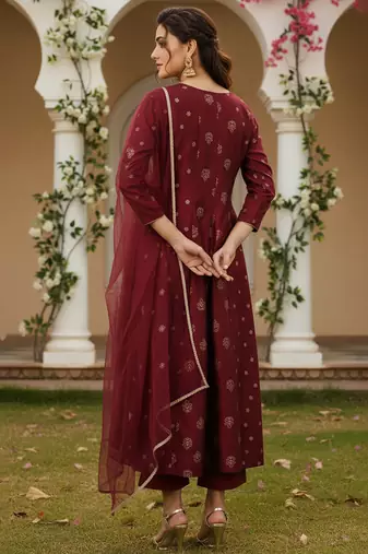 maroon color embroidered silk blend styles kurta palazzo with dupatta