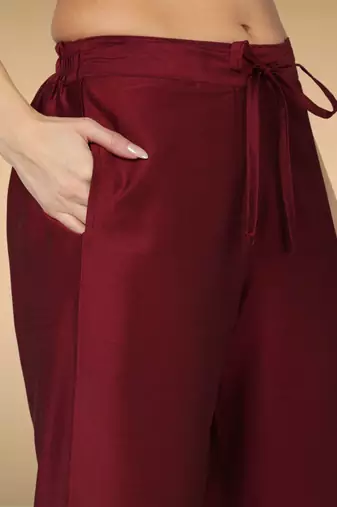 maroon color embroidered silk blend styles kurta palazzo with dupatta
