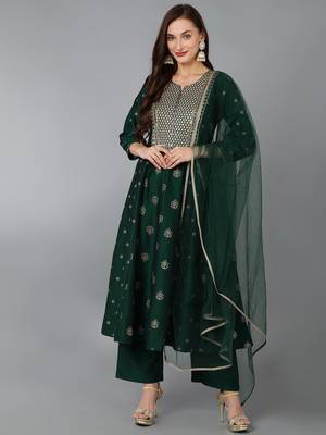 green color embroidered silk blend styles kurta palazzo with dupatta 1