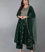green color embroidered silk blend styles kurta palazzo with dupatta