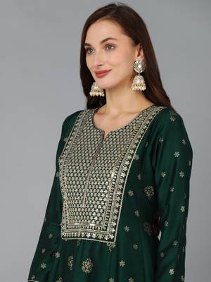 green color embroidered silk blend styles kurta palazzo with dupatta 2