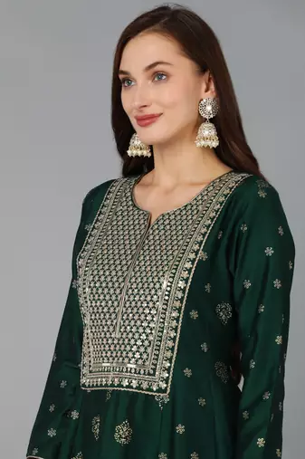 green color embroidered silk blend styles kurta palazzo with dupatta