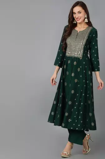 green color embroidered silk blend styles kurta palazzo with dupatta