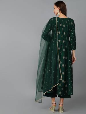 green color embroidered silk blend styles kurta palazzo with dupatta 4