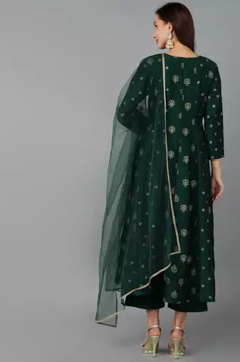 green color embroidered silk blend styles kurta palazzo with dupatta