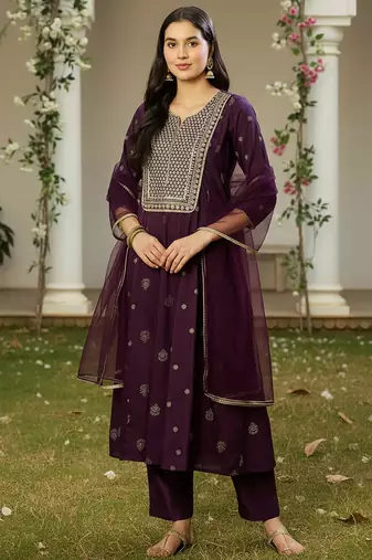 purple color embroidered silk blend styles kurta palazzo with dupatta