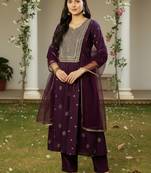 purple color embroidered silk blend styles kurta palazzo with dupatta