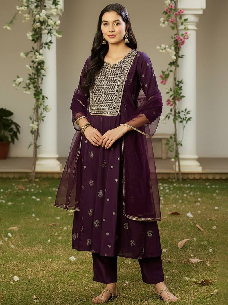 purple color embroidered silk blend styles kurta palazzo with dupatta