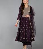 purple color embroidered silk blend styles kurta palazzo with dupatta