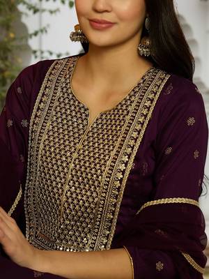 purple color embroidered silk blend styles kurta palazzo with dupatta 2