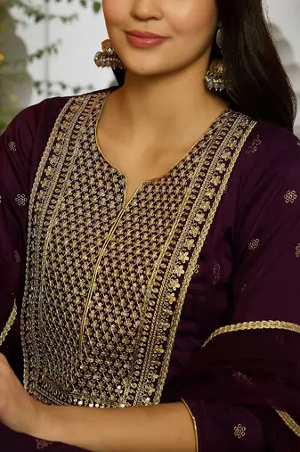 purple color embroidered silk blend styles kurta palazzo with dupatta