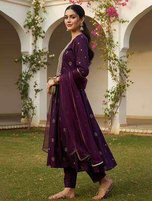 purple color embroidered silk blend styles kurta palazzo with dupatta 3