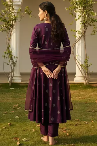 purple color embroidered silk blend styles kurta palazzo with dupatta