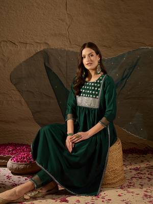 teal color embroidered silk blend styles kurta trouser with dupatta 1