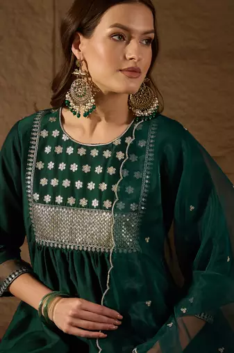 teal color embroidered silk blend styles kurta trouser with dupatta