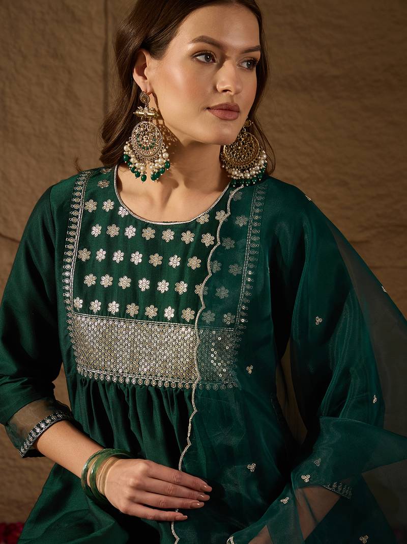 teal color embroidered silk blend styles kurta trouser with dupatta