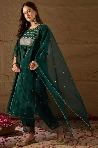 teal color embroidered silk blend styles kurta trouser with dupatta