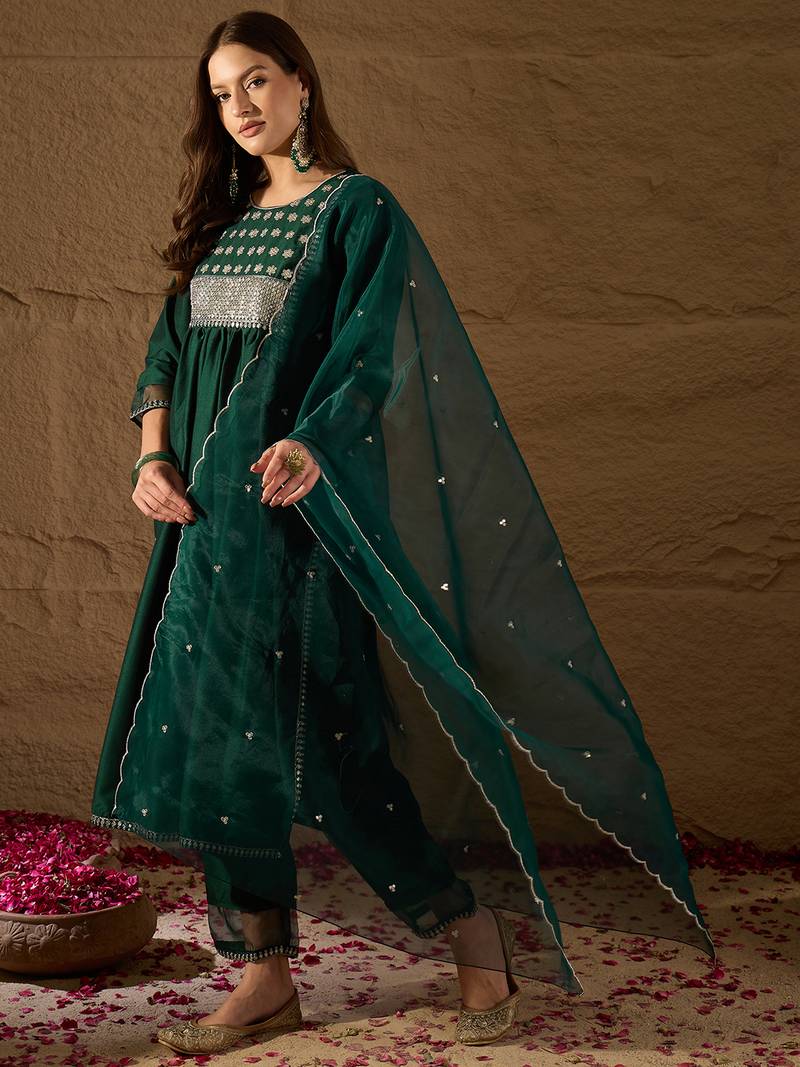 teal color embroidered silk blend styles kurta trouser with dupatta