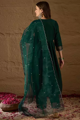 teal color embroidered silk blend styles kurta trouser with dupatta