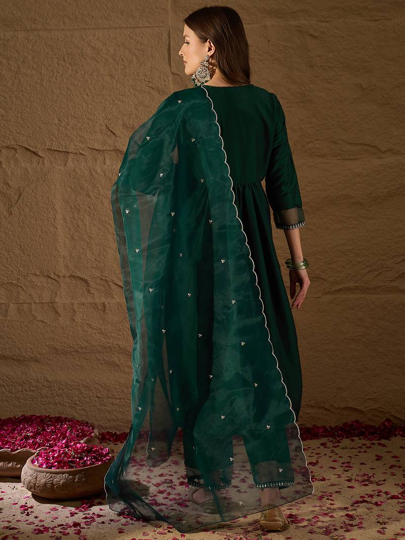 teal color embroidered silk blend styles kurta trouser with dupatta