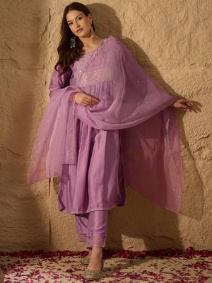 lavender color embroidered silk blend styles kurta trouser with dupatta 1