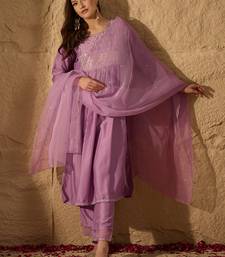 lavender color embroidered silk blend styles kurta trouser with dupatta