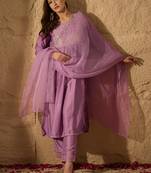 lavender color embroidered silk blend styles kurta trouser with dupatta