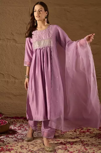 lavender color embroidered silk blend styles kurta trouser with dupatta