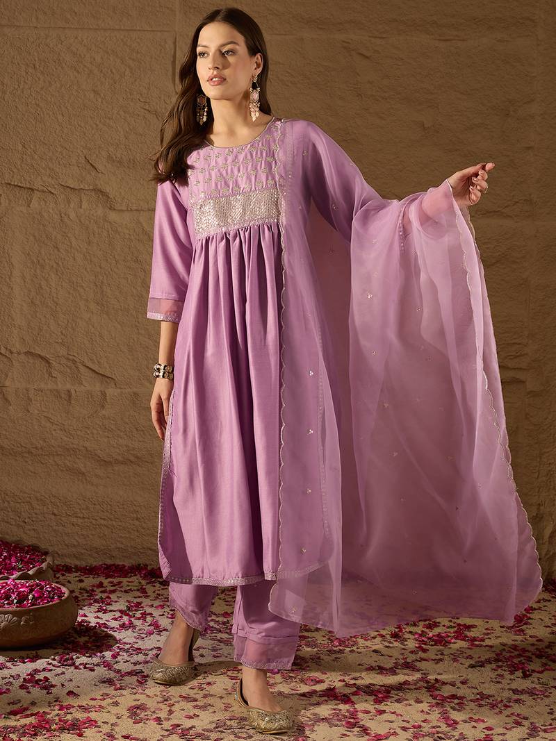 lavender color embroidered silk blend styles kurta trouser with dupatta