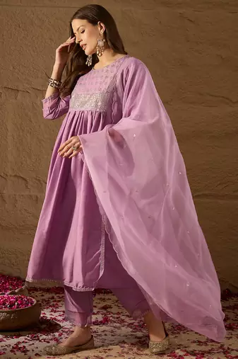 lavender color embroidered silk blend styles kurta trouser with dupatta