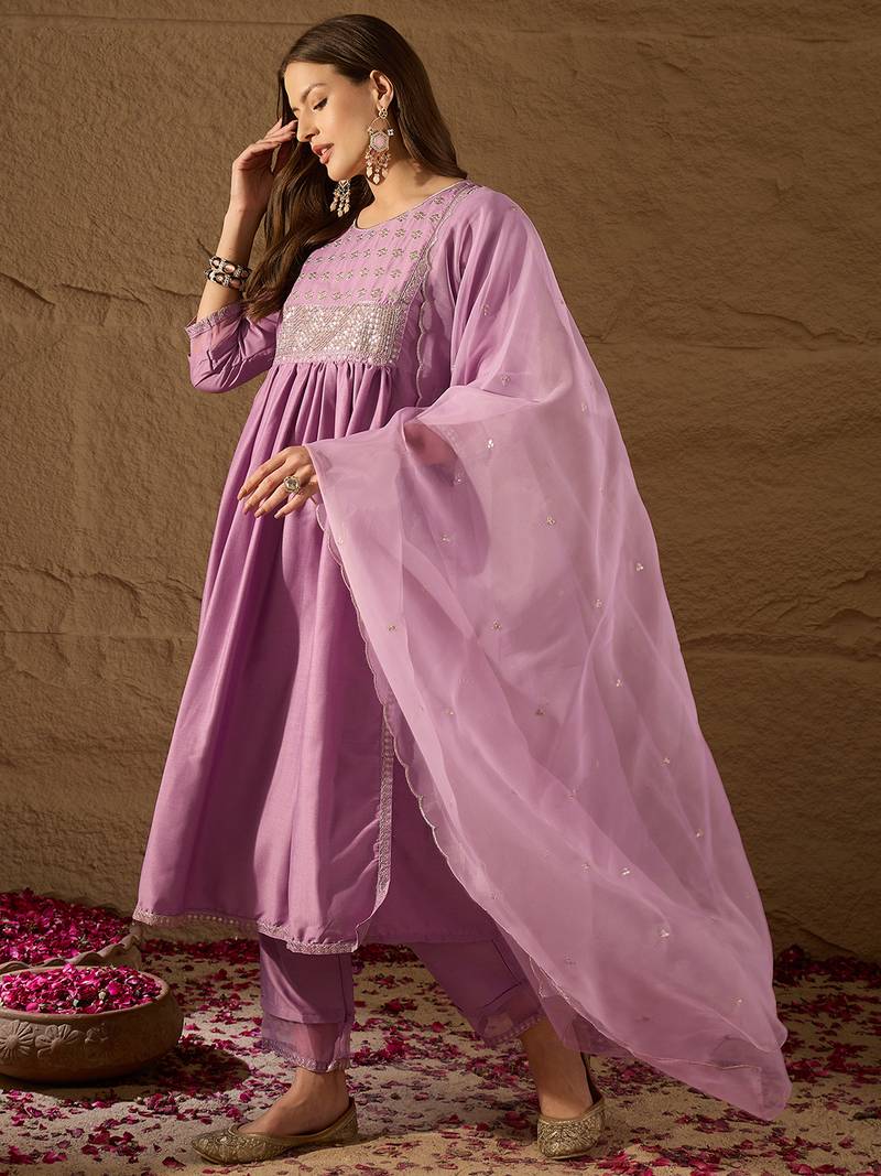 lavender color embroidered silk blend styles kurta trouser with dupatta