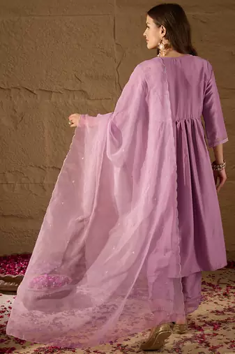 lavender color embroidered silk blend styles kurta trouser with dupatta