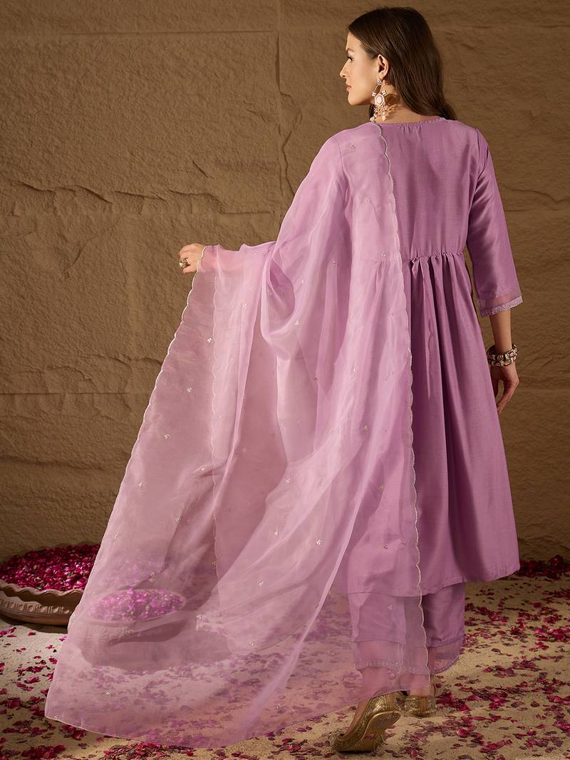 lavender color embroidered silk blend styles kurta trouser with dupatta