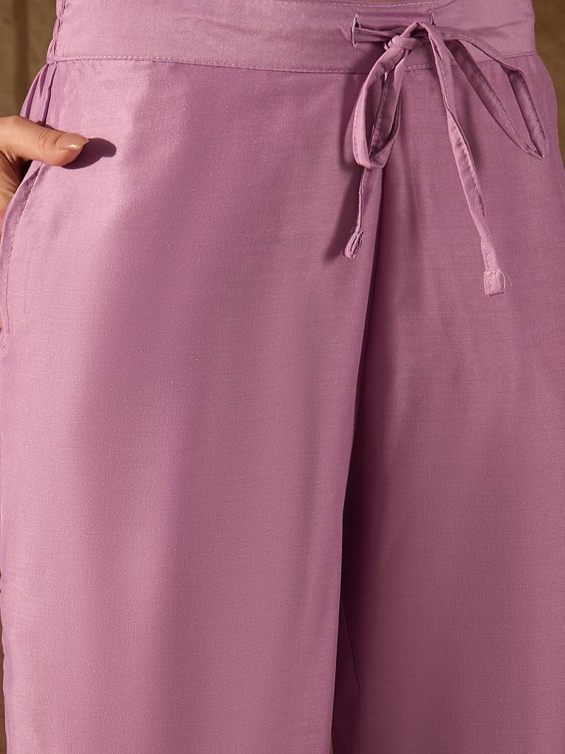 lavender color embroidered silk blend styles kurta trouser with dupatta