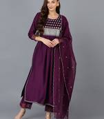 purple color embroidered silk blend styles kurta trouser with dupatta