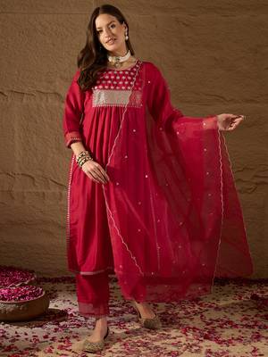 red color embroidered silk blend styles kurta trouser with dupatta 1