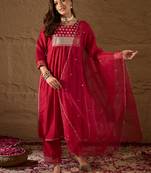 red color embroidered silk blend styles kurta trouser with dupatta