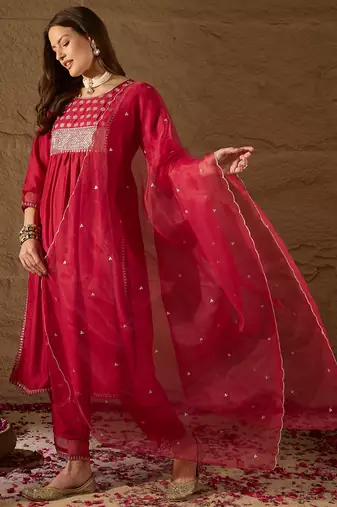 red color embroidered silk blend styles kurta trouser with dupatta