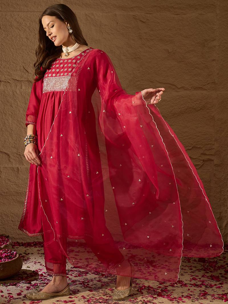 red color embroidered silk blend styles kurta trouser with dupatta