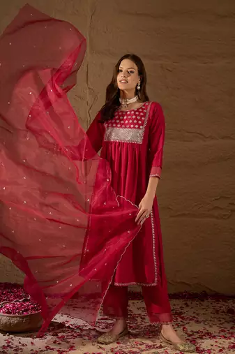 red color embroidered silk blend styles kurta trouser with dupatta