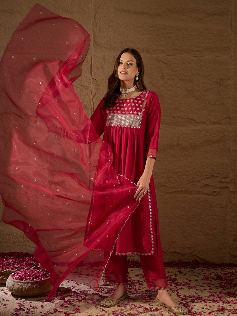 red color embroidered silk blend styles kurta trouser with dupatta