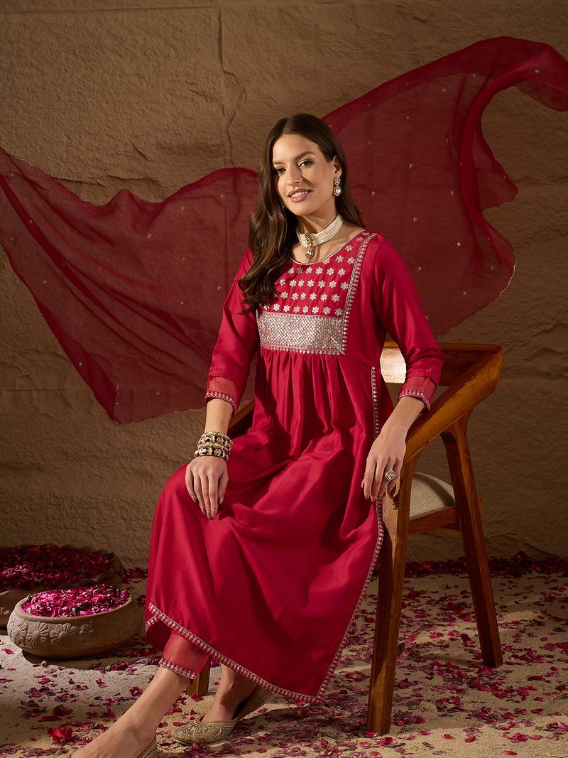 red color embroidered silk blend styles kurta trouser with dupatta
