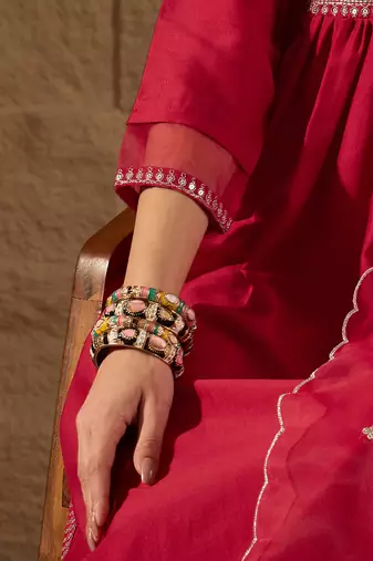 red color embroidered silk blend styles kurta trouser with dupatta